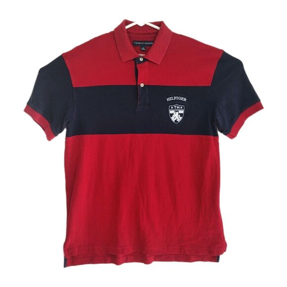 VTG Tommy Hilfiger Colorblock Embroidered Shield Polo Shirt Men's L Red/Blue - Picture 1 of 8
